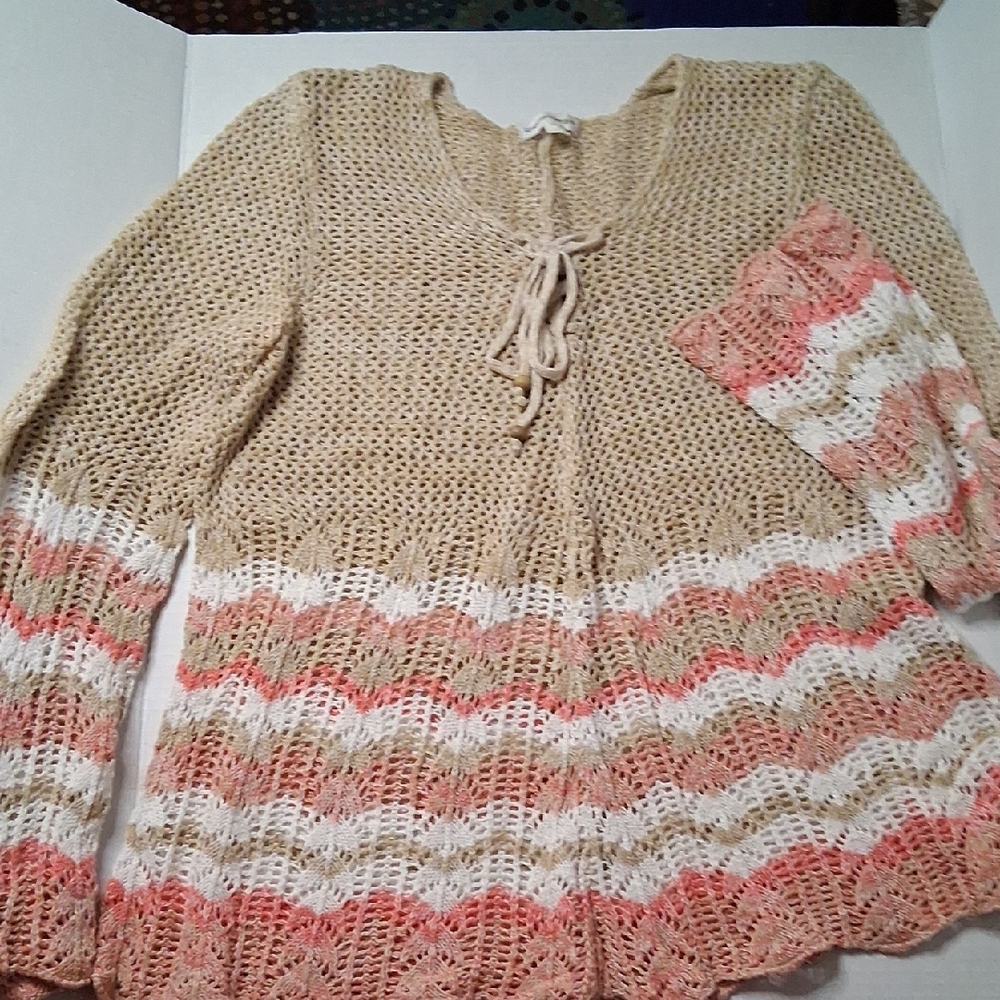 Warehouse Beige and Coral V-Neck Sweater